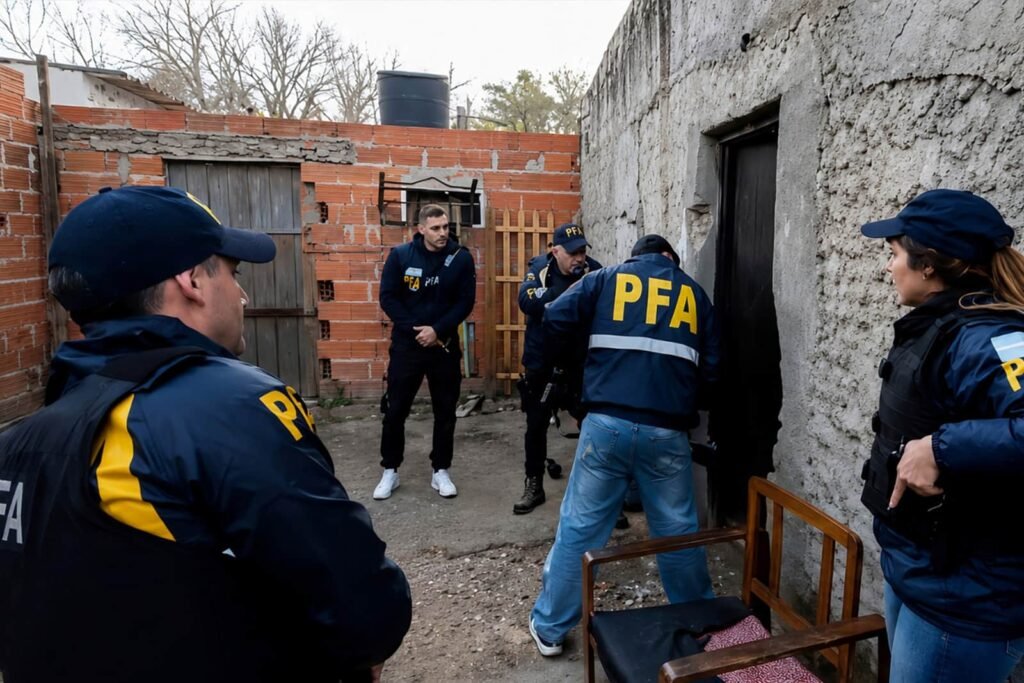 Fiscal Ramiro Gonzalez coordina un allanamiento realizado por la Policía Federal Argentina en el marco de una investigación judicial.